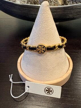 Tory Burch Gold-Tone Chain Bracelet with Black Leather Inlay